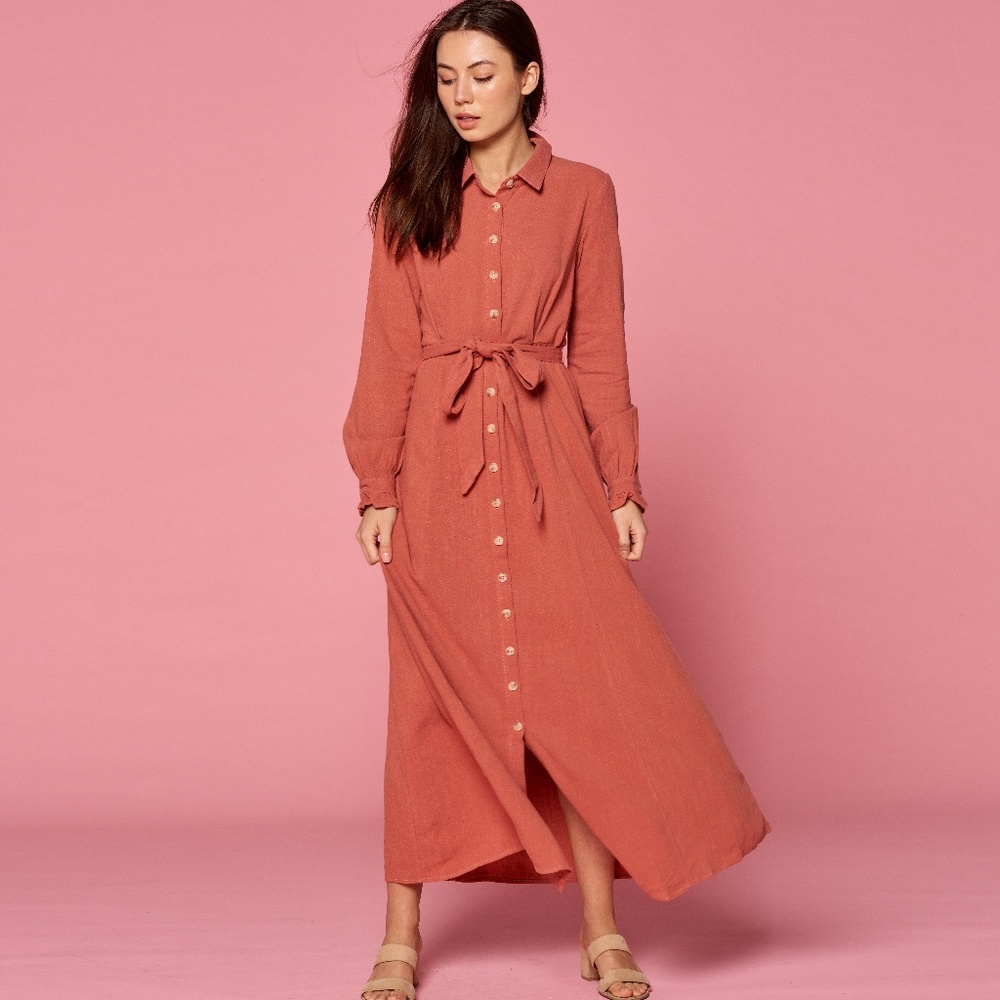 Rust Linen Blend Button Front Maxi Dress
